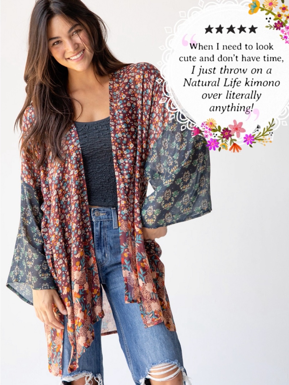 NATURAL LIFE Rust Multi Floral Mixed-Print Kimono